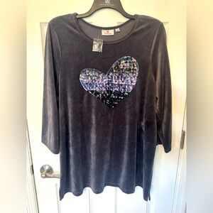 NEW Quacker Factory grey cozy sequin heart women’s shirt 2X XXL- DAMAGED